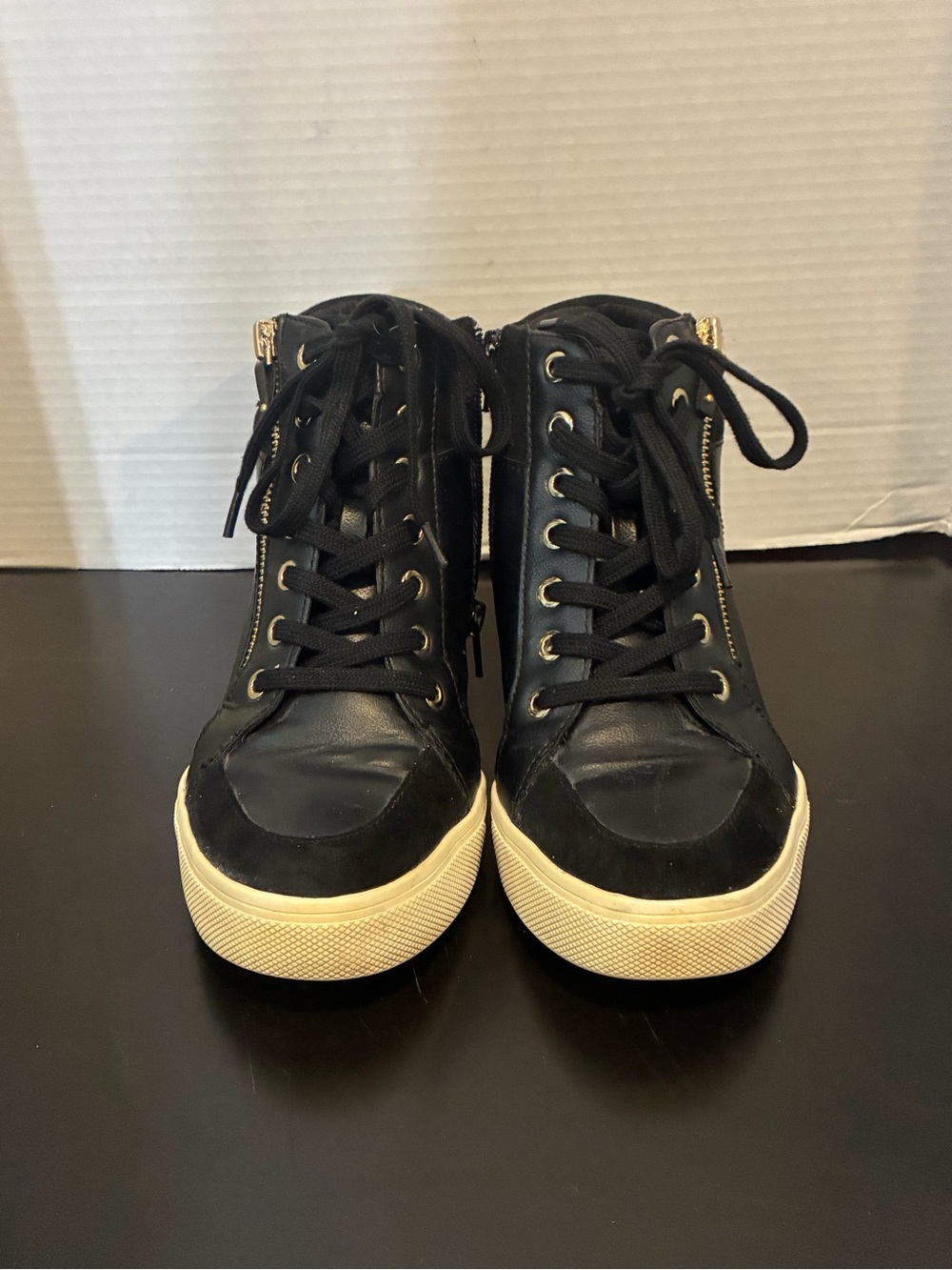 Aldo Black High-Top Wedge Lace-Up / Zipper Sneakers with Cream Sole size 8
